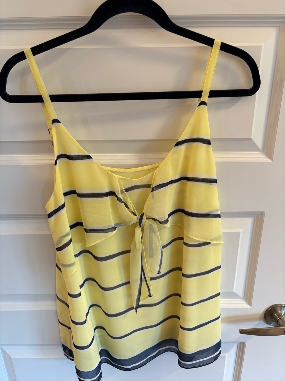 CAbi Yellow and Navy Striped Tie-Front Cami. Lined with identical fabric.
